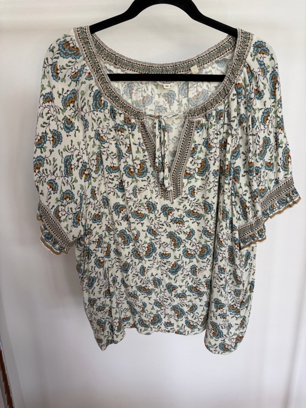 Max Studio White Tunic Top with Teal & Mustard Floral Print